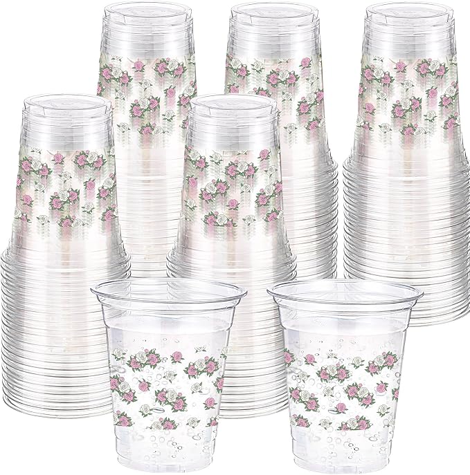 Funnymoom 60 Pack Pink Floral Plastic Cup 12 oz Disposable Clear Plastic Pink White Flower Drinking Cups Bulk for Wedding Bridal Baby Shower Birthday Tea Party Decoration Supplies