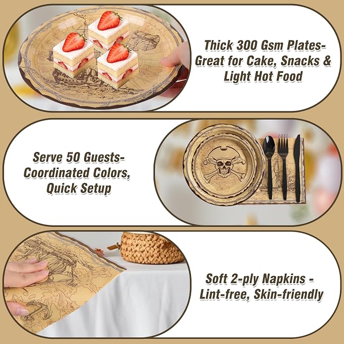 400 Pcs Disposable Pirate Tableware Set for 50 Guests | Heavy-Duty 7" & 9" Paper Plates, Cups, 13" Napkins & Plastic Cutlery for Tresure May Theme Party Supplies