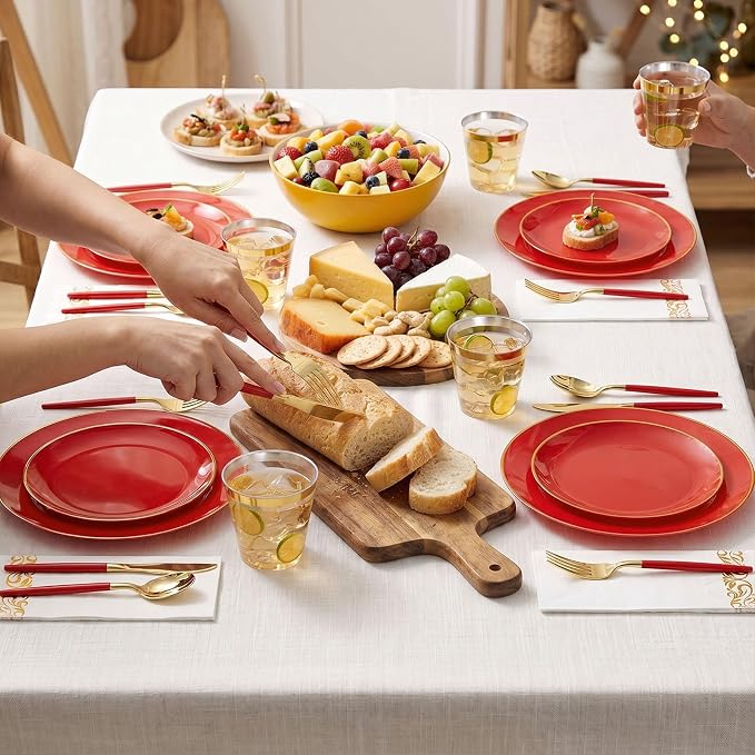 350 PCS Red Plastic Dinnerware Set, Red and Gold Rim Disposable Plates for Party, Include 100 Plates with 150 Plastic Cutlery, 50 Napkins and 50 Cups