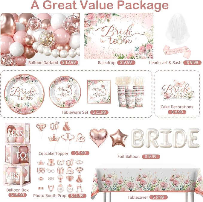 Cocomigo 330pcs Bride to Be Decorations, One-stop Set for 25 People, Includes 350gsm Plates Photo Props Cupcake Toppers Veil and Sash, Pink Bridal Shower Decorations for Female