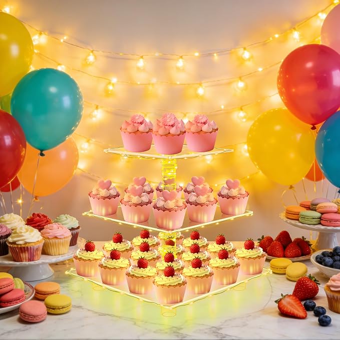 YestBuy 3 Tier Clear Square Cupcake Stand - Premium Cupcake Holder - Acrylic Cupcake Tower Display - Candy Bar Party Décor + LED Light String - Ideal for Weddings, Birthday Parties (Yellow Light)