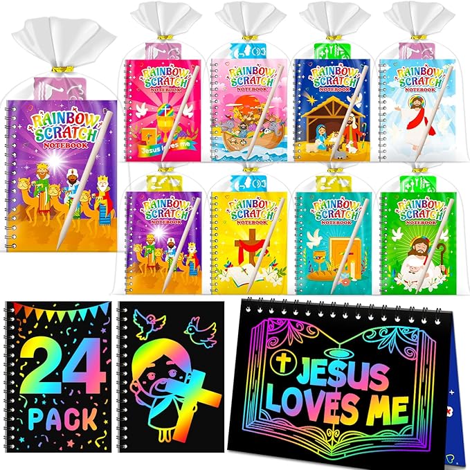 Rainbow Scratch Paper Party Favors: 24 Pack Christian Rainbow Scratch Notebook, Goodie Bags Stuffers Coloring Books Party Favors for Kids 3-12, Bulk Classroom Birthday Gifts for Student