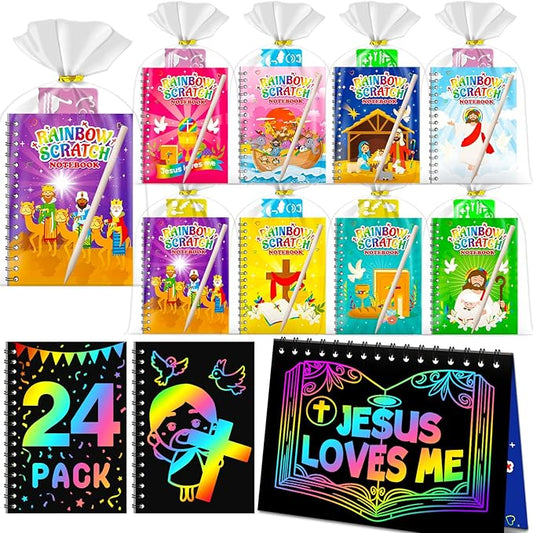 Rainbow Scratch Paper Party Favors: 24 Pack Christian Rainbow Scratch Notebook, Goodie Bags Stuffers Coloring Books Party Favors for Kids 3-12, Bulk Classroom Birthday Gifts for Student