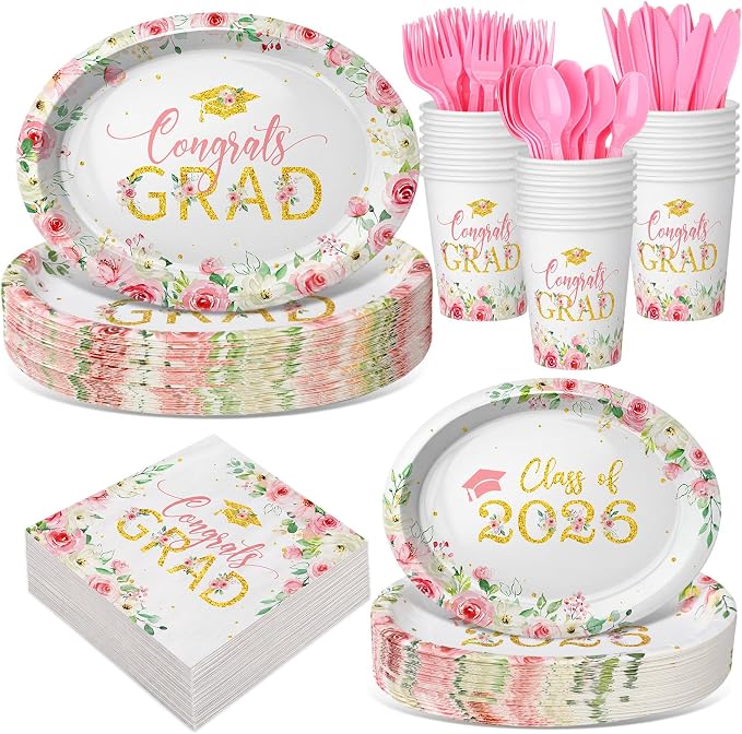Pajean 350 Pcs Class of 2026 Floral Graduation Party Decorations 12 inch Disposable Pink Gold Floral Oval Plates Napkins Pink Heavy Duty Paper Tableware Set for 50 Guests Grad Party Supplies