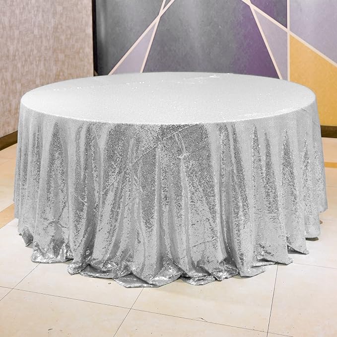 Sequin Tablecloth 108" Round Silver Table Cloth Glitter Tablecloth Sparkly Drape Table Covers for Wedding Birthday Ceremony Party Baby Bridal Shower Decorations