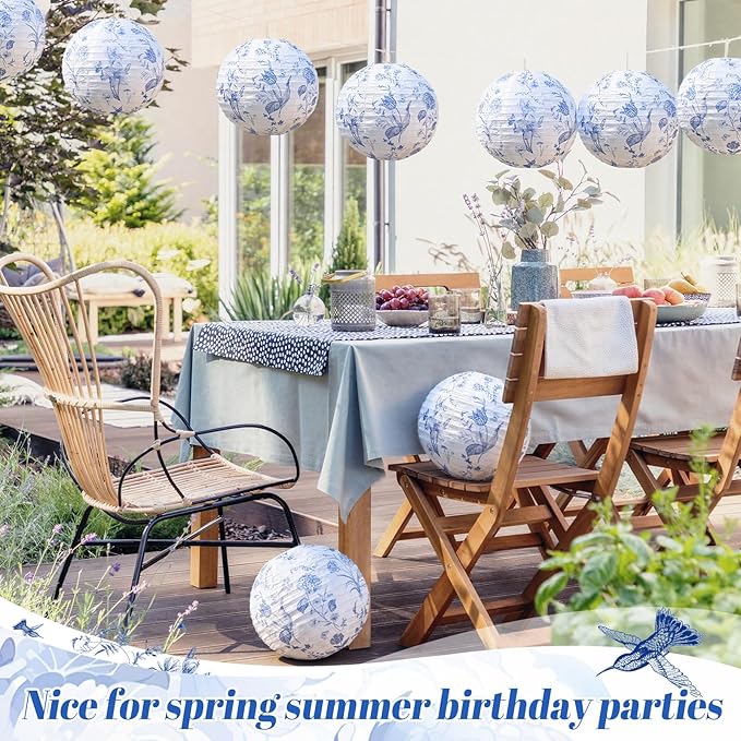 Honoson 12 Pcs Chinoiserie Paper Lanterns Blue and White Floral Chinoiserie Party Decorations Hanging 10 Inch Chinese Lanterns for Spring Wedding Bridal Shower Baby Shower Tea Party Decorations