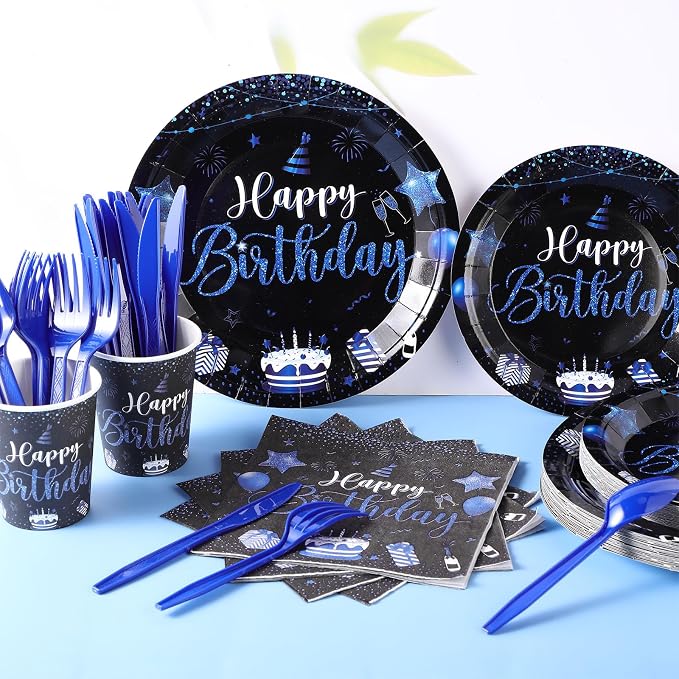 Vesici 171 Pcs Happy Birthday Party Supplies 24 Set Disposable Party Tableware include Plates Cups Napkins Cutlery and Banner Tablecloth Birthday Dinner Decorations for Men Woman(Black, Blue)