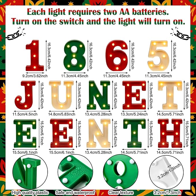 Honoson 14 Pcs Juneteenth Party Decorations 1865 Juneteenth LED Letter Lights Sign Table Decoration for Freedom Day Party African American Festival Celebration