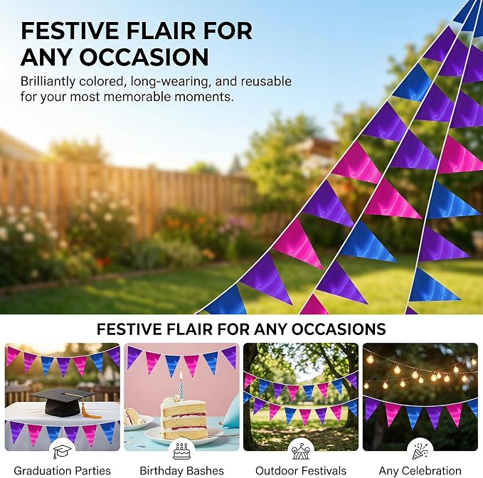 130FT Blue Purple Rose Red Triangle Pennant Banner Flag Metallic Fabric Bunting Garland for Christmas Graduation Wedding Anniversary Bachelorette Birthday Bridal Shower Valentines Hen Party Supplies
