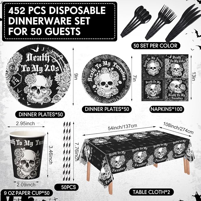 Funnymoom 452 Pcs Black and Silver Death to My 20s Decoration Serves 50, Rip 20s Paper Plates Napkins Cups Tablecloth Cutlery Straw for Men Women Death to My Twenties 30th Birthday Party Supplies