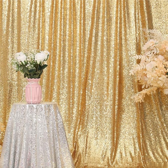 Eternal Beauty Gold Sequin Backdrop, 8x8 Ft Glitter Background Curtains for Mother's Day Shimmer Photography Party Wedding Birthday Back Drop Decor