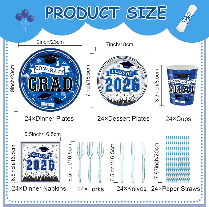 168PCS 2026 Blue Graduation Party Tableware Set Serves 24 Guests, Paper Plates Cups Napkins Cutlery for Small Family High School College Grad Party Decor