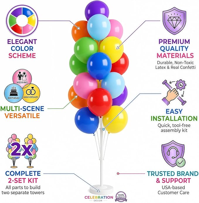 Balloon Column Kit Set of 2 With Balloons Assorted Color - Balloon Stand with Base&Pole,Balloon Tower Backdrop Decoration for Wedding, Baby Shower, Birthday Party, or Bachelorette Parties