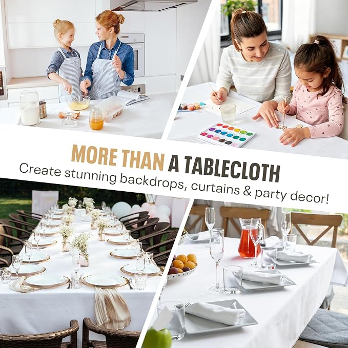 54IN X 600FT Plastic Table Cover Roll, Plastic Table Cloths for Parties, Birthday, Weddings, Banquet,Disposable Tablecloth Roll for All Shape Tables,Party Supplies(White, 54 Inch X 600 Feet)