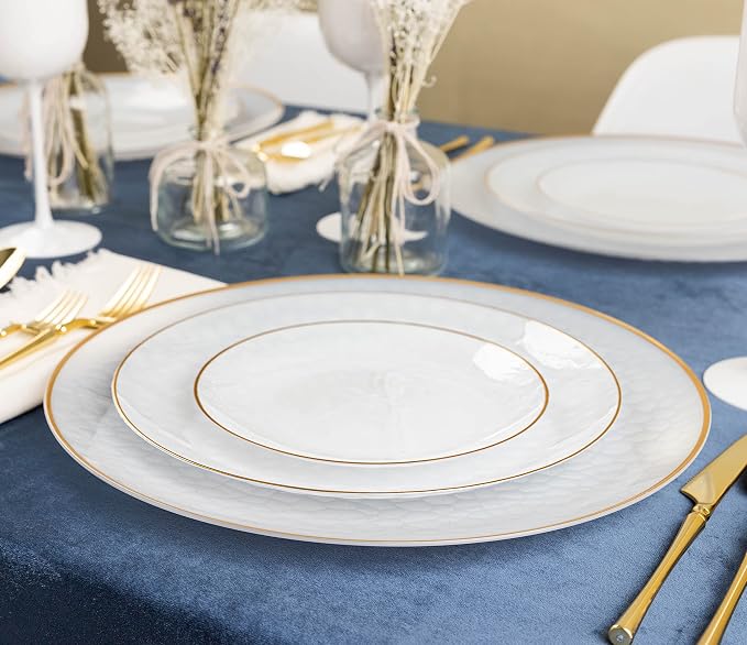 PLASTICPRO 128 Piece Combo Plates Set includes 64-7'' inch Plates & 64-10'' inch Plates White transparent Hammered Plastic PartyPlates Premium heavyweight Elegant, Disposable, Tableware, Dishes,