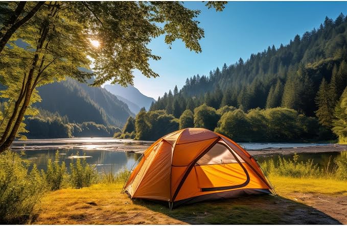 Camping Adventure Backdrop Sunshine Mountain Forest Outdoor Travel Hiking Photography Background Mountain Trees Lake Stream Nature Landscape Grassland Camp Tents Backdrop Decors Props 20x10ft