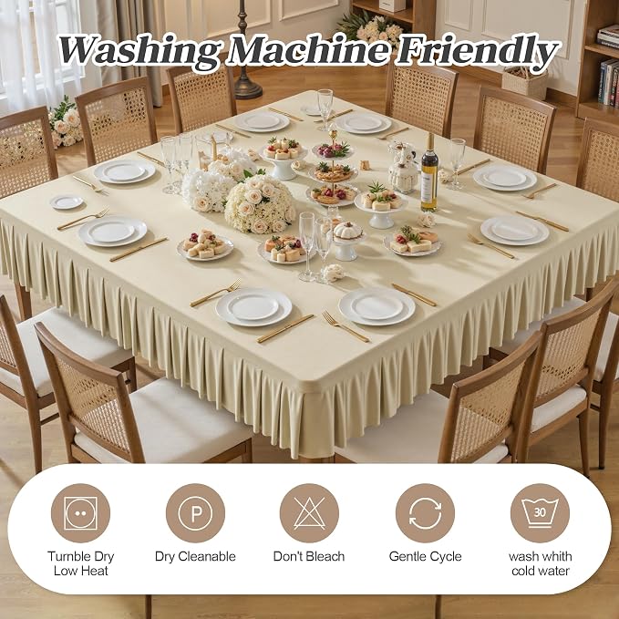 Wish Care Natural Spandex Tablecloths for 60x60 Inch Square Tables, Stretch Fitted Table Clothes with Pleated Ruffle Skirt for 60” Table, Wrinkle Free and Elastic, for Party Kitchen Home Dining