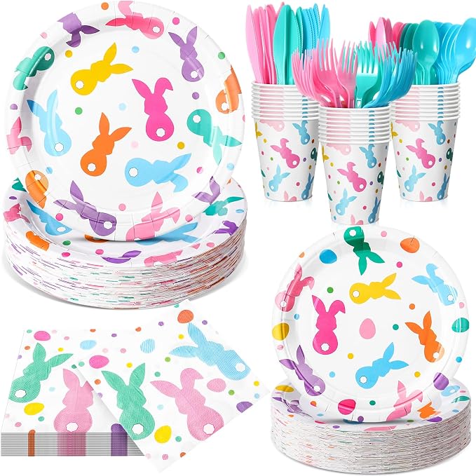 Honeydak 210 Pcs Easter Plates and Napkins Serve 30 Pastel Colorful Bunny 7" and 9" Rabbit Plates Napkins and Forks Tableware for Spring Holiday Easter Party Table Decor Supplies