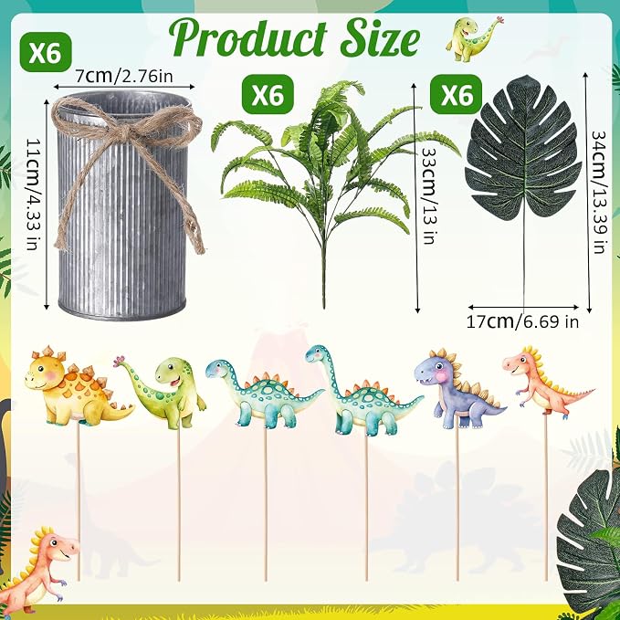 Suncalla 6 Set Dinosaur Party Table Centerpiece Decoration Dinosaur Themed Stick Set Include Vase Stick Artificial Leaves Jungle Animal Theme Table Topper for Baby Shower Birthday (Cylinder,Metal)