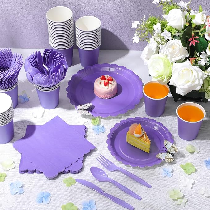 Ziliny 350 Pcs Purple Plates and Napkins, 50 Guest Lavender Party Supplies Include Scalloped Paper Plates Napkins Cups Plastic Spoons Forks Knives Disposable Tableware Set for Baby Shower