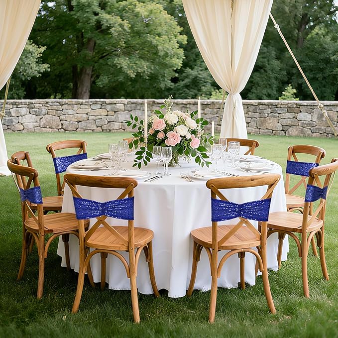 SquarePie Pack of 10 Sequin Chair Sashes Shiny Navy Blue Bows Bands for Wedding Banquet Party Decor