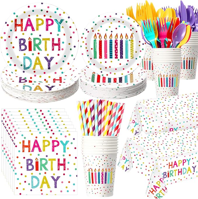 Funnymoom 452 Pcs Happy Birthday Party Decorations Supplies for 50 Guests Birthday Polka Dots Paper Plates Napkins Cups Tablecloth Cutlery for Girls Boys