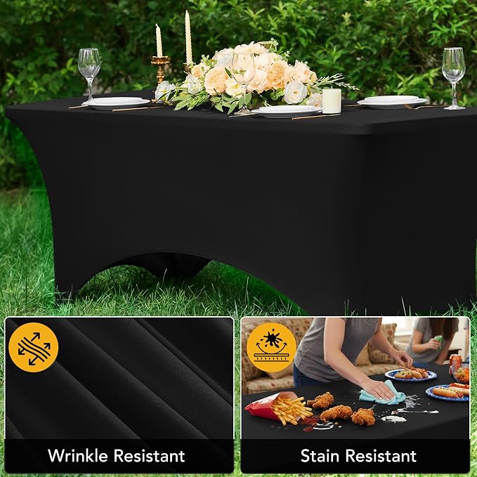 6-Pack Premium Black Spandex Tablecloths for 8ft Rectangle Tables, Stain & Wrinkle-Resistant, Washable Stretch Polyester Fitted Table Cover for Weddings, Banquets, Events, Parties