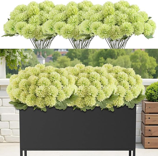 12 Bundle Artificial Mums Flowers for Outdoor Spring Decoration,Faux Ball Chrysanthemums Bouquet Fake Silk Flower for Vase Easter Table Floral Arrangement Wedding Home Decor(12, Green)