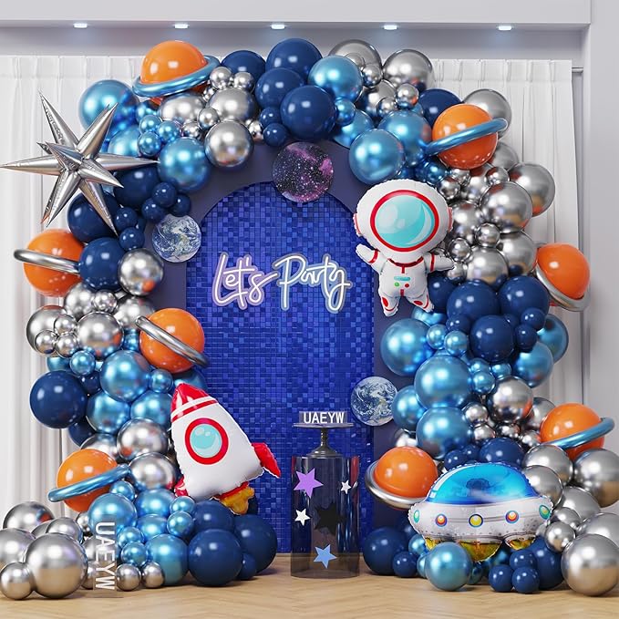 Outer Space Birthday Party Decorations 146Pcs Astronaut Balloon Arch Garland Kit, UFO Rocket Astronaut Foil Balloons, Navy Blue Metallic Silver Blue Balloons for Kids Boys Space Theme Party Decor