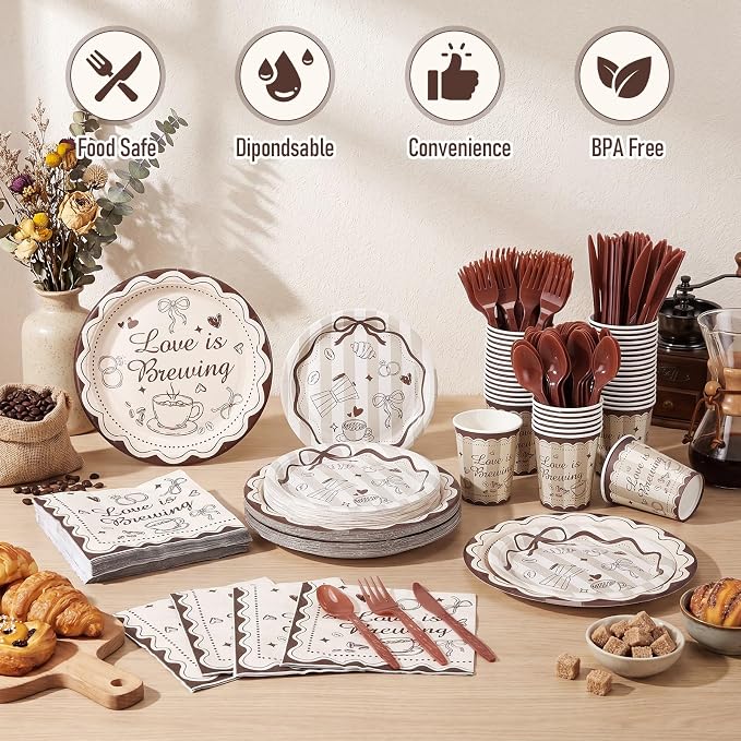 Ziliny 280 Pcs Love Is Brewing Bridal Shower Decorations Disposable Tableware Set Coffee Theme Paper Plates Napkins Plastic Knives Forks Spoons for Bachelorette Party Supplies Baby Shower Serves 40