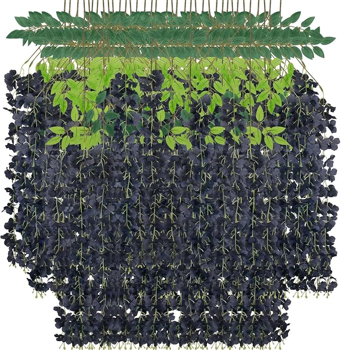 48 Pack Artificial Wisteria Hanging Flowers Fake Wisteria Flower Garland Silk Vines Rattan Decor for Home Wedding Arch Wall Garden Greenery Bedroom Outdoor Office Party Decoration (Black)