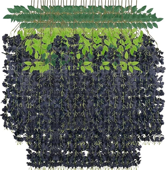 48 Pack Artificial Wisteria Hanging Flowers Fake Wisteria Flower Garland Silk Vines Rattan Decor for Home Wedding Arch Wall Garden Greenery Bedroom Outdoor Office Party Decoration (Black)