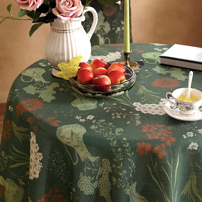 ISAENNE Designer Linen Green Round Tablecloth,Diameter 67"-Nocturne | Vintage Elegant Table Cloth for Round Table,Floral Pattern,Decoration,Heavyweight,Dining,Kitchen,Tea Party,Thanksgiving