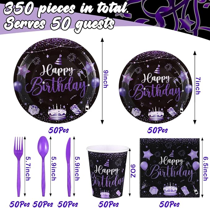 Vesici 350 Pcs Happy Birthday Party Supplies Disposable Party Tableware Set Serves 50 Included Plates Napkins Cups Cutlery for Men Woman 50th 80th Birthday Party Decorations (Black Purple)