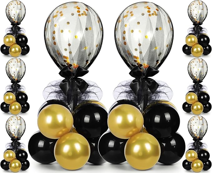 BBTO 8 Set Gold Black Table Centerpieces Balloons Stand Kit, Latex Balloons and Table Stand Holder with Base Tulle for Wedding Birthday Grad Prom Centerpieces Party Back to School Baby Shower
