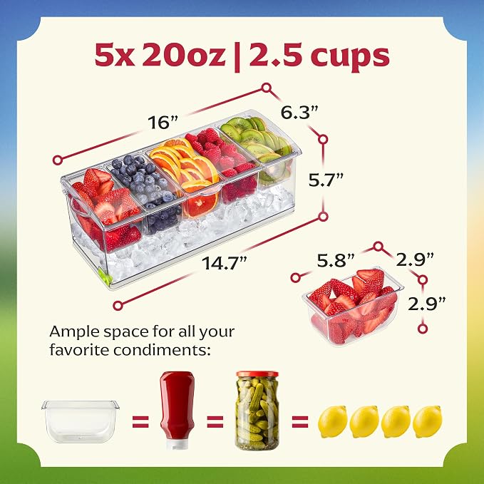 Honeyera Chilled Condiment Server | Hosting Essentials for Up to 80 Oz of Ice | Mimosa Bar Supplies Drain Plug | BPA-Free Taco Bar/Salad Bar | Food-Safe Condiment Caddy (Parent) (Black, 1 Pack)