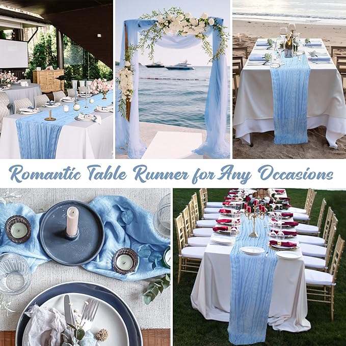 Buryeah 12 Pcs Cheesecloth Table Runner Boho Gauze Table Runner Bulk Rustic Cheese Long Romantic Runners for Wedding Bridal Shower Birthday Decor(Light Blue,28 x 120 Inch)