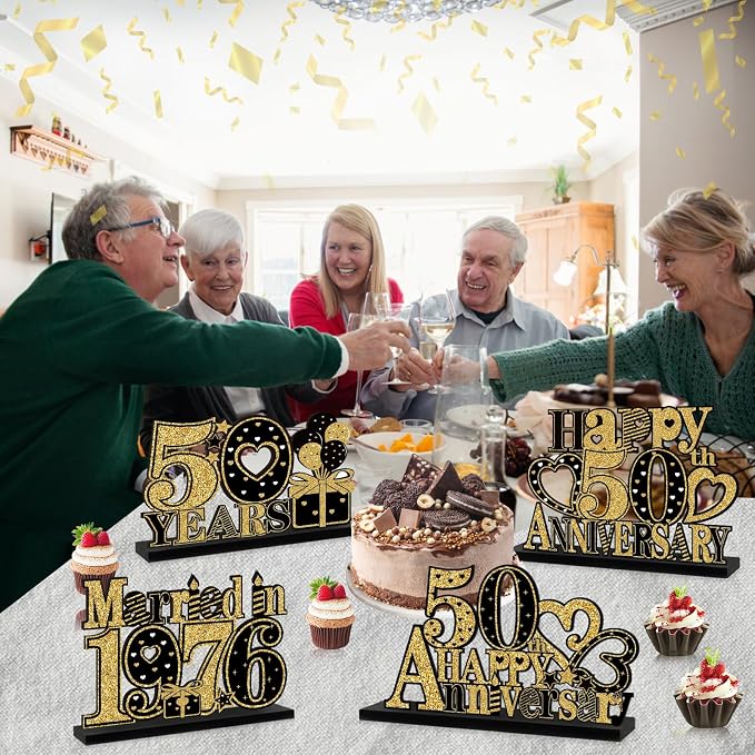 Eiurteao 4 Pieces 50th Anniversary Decorations Married in 1976 Table Sign, Black Gold Happy 50 Wedding Anniversary Table Centerpieces Party Supplies, Cheers to 50 Year Anniversary Table Decor
