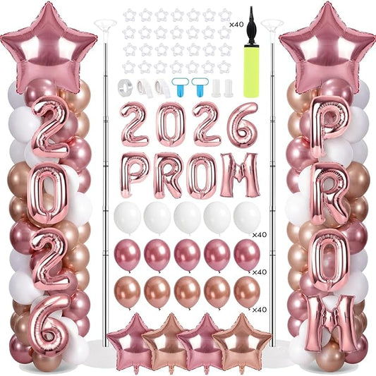 2 Sets Graduation Balloon Column Stand Kits with 132 PCS Rose Champagne Gold Latex Balloons 2026 Letters 6.5 Ft Adjustable Metal Tube Telescopic Tower Pillar with Base for Graduation Party Decoration
