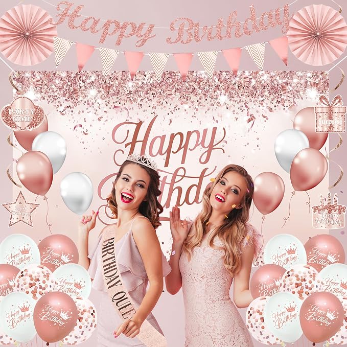 Trgowaul Birthday Decorations Party Set for Women Girls, Rose Gold Happy Birthday Banner, Sash and Tiara, Pink Balloons, Pink Party Supplies Ideas Decor for Her