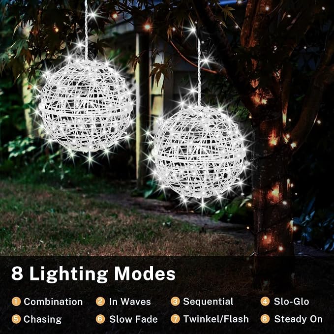 Outdoor Christmas Balls Lights 4 Pack Hanging 7.1" LED Garden Sphere Tree Lights 8 Modes Waterproof Glow Globe Light with Memory Timer Plug for Yard Porch Eave Patio Home Bedroom Decoration-Cool White