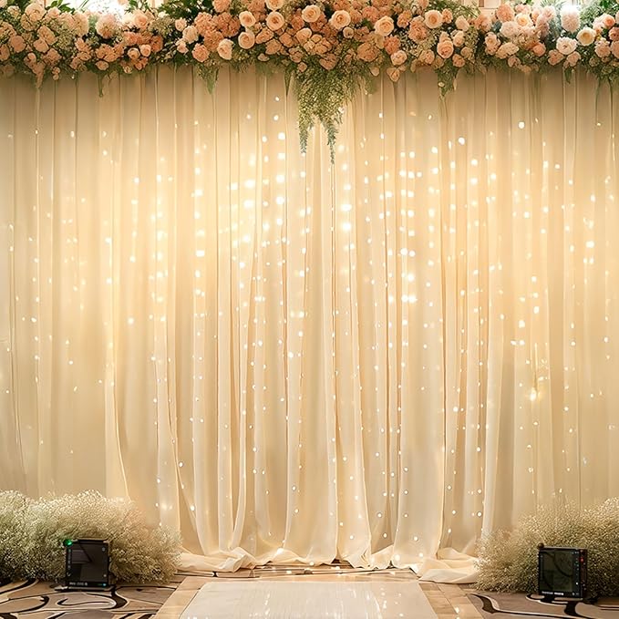 10x10ft Champagne Backdrop Curtains with Lights Photo Drapes Wrinkle Free Fabric Backdrop Curtain for Wedding Birthday Party Baby Shower Shoot Bridal Shower Home Party Background Decorations