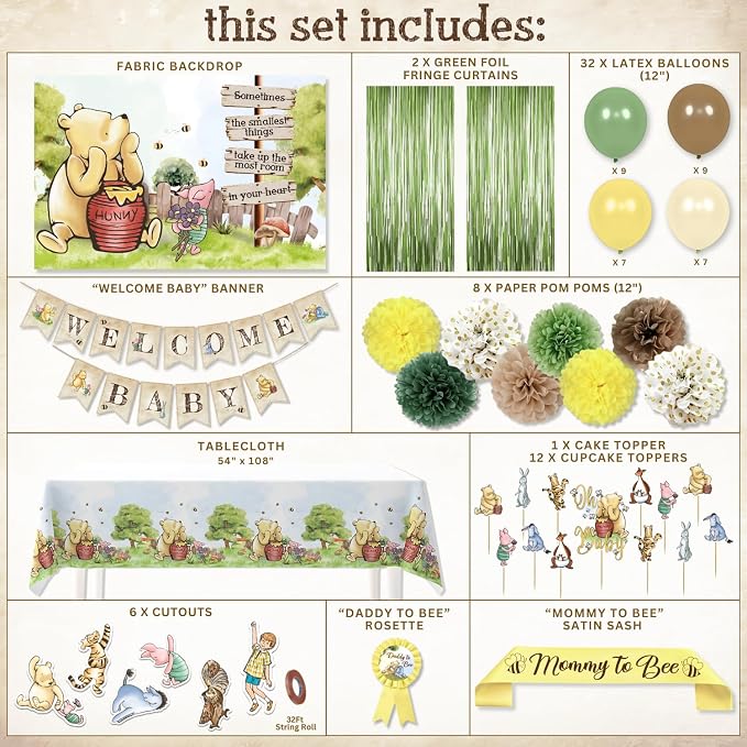 Winnie Baby Shower Decorations – the Pooh Backdrop, Balloons & Banner Kit | 2026 Family Choice Award winner - reusable Oxford-cloth backdrop (not paper), 39 balloons, banner, toppers & printable games