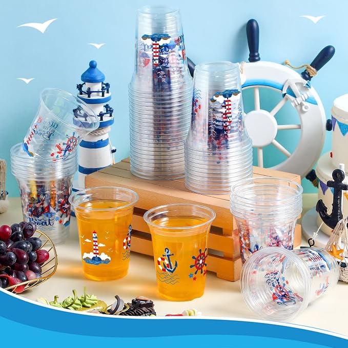 FoldTier 50 Pcs Nautical Cups 12 oz Plastic Nautical Birthday Cups Clear Navigation Disposable Glasses Blue Anchor Beverage Glasses for Home Kitchen Birthday Party Favors Supplies Decoration