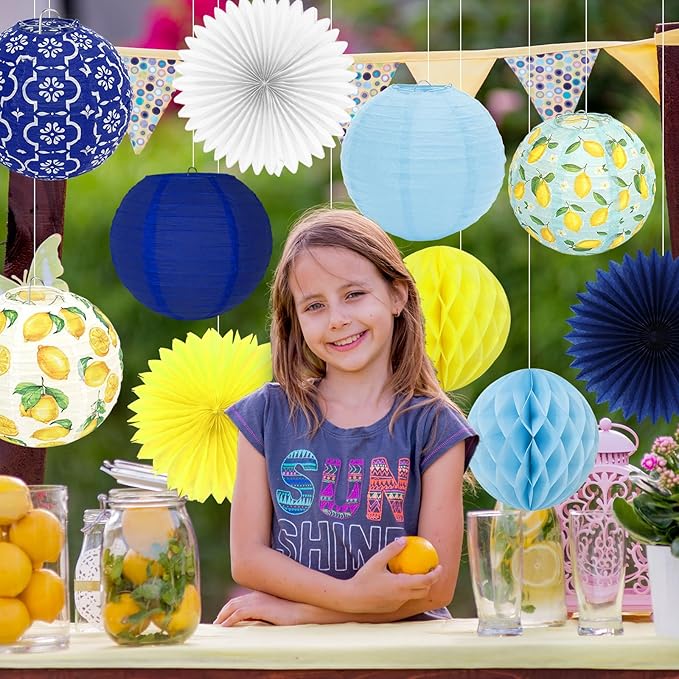FYSUIMU 18Pcs Capri Lemon Paper Lantern Set Blue Yellow Hanging Lanterns with Honeycomb Balls Paper Fans for Summer Mediterranean Birthday Wedding Baby Shower