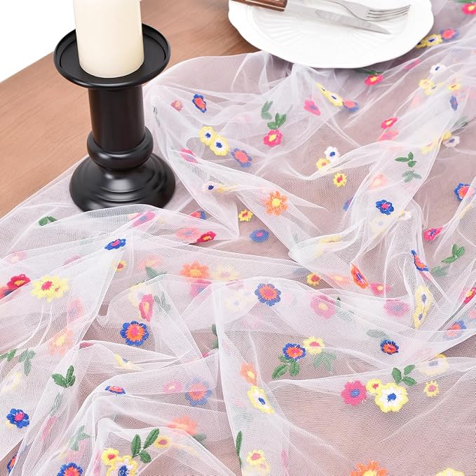 Joanlody Ivory Summer Flower Table Runner 10ft Embroidery Daisy Floral Seasonal Tulle Table Runner for Home Garden Tea Party Holiday Birthday Decoration