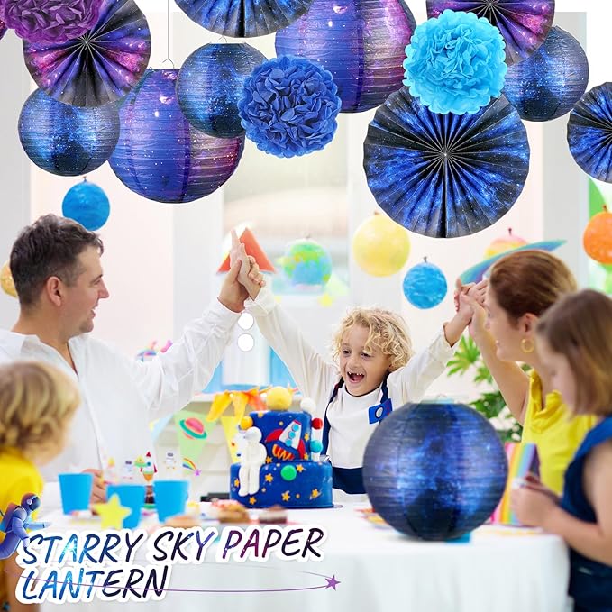 Hortsun 16 Pieces Galaxy Party Decorations Galaxy Print Paper Lanterns Paper Fans Flowers Space Themed Hanging Lanterns Ceiling Decor for Home Birthday Party Decor