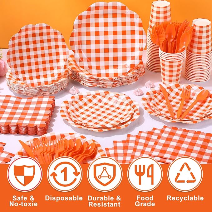 Funnymoom 400 Pcs Gingham Party Supplies for 50 Guests Orange and White Paper Plates and Napkins Knives Spoon Fork Cup Disposable Checkered Dinner Party Set Cutlery for Baby Shower Wedding Favor