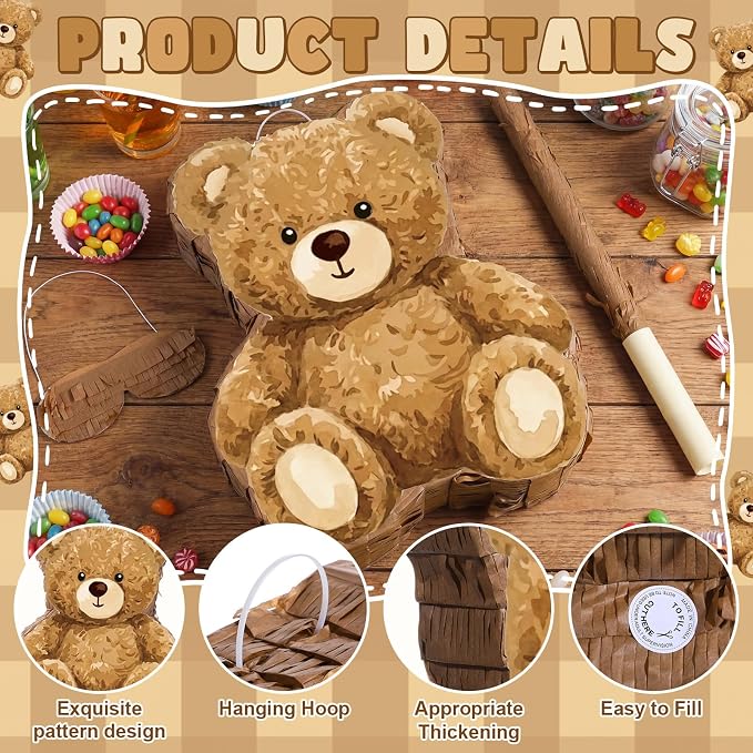 VioraWhite Bear Piñata Birthday Party Decorations Animal Birthday Party Supplies Brown Piñata with Blindfold Stick for Boys Girls Kids Valentine Baby Shower Decor Supplies Favors