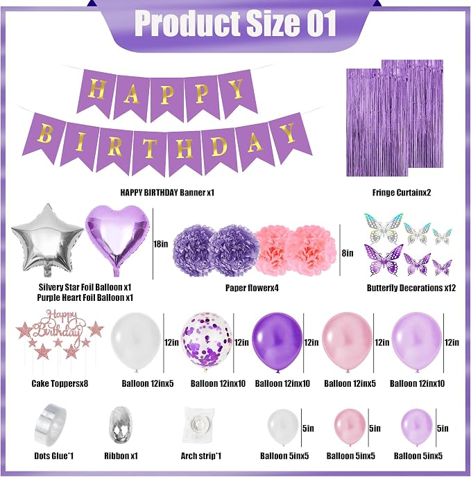 Purple birthday party decorations balloons kit for Women Girls, Balloons,Silver Foil Balloons,Fringe Curtains Happy Birthday Banner Paper Pompoms 3D Butterfly Cake Topper Party Supplies